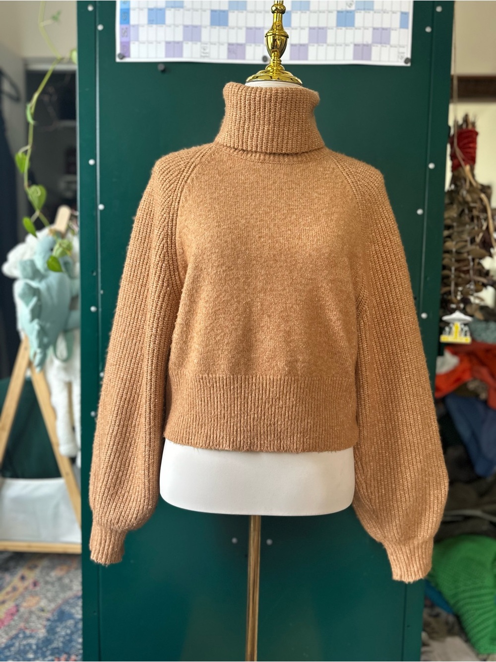 Topshop Camel Turtleneck Balloon-Sleeve Sweater